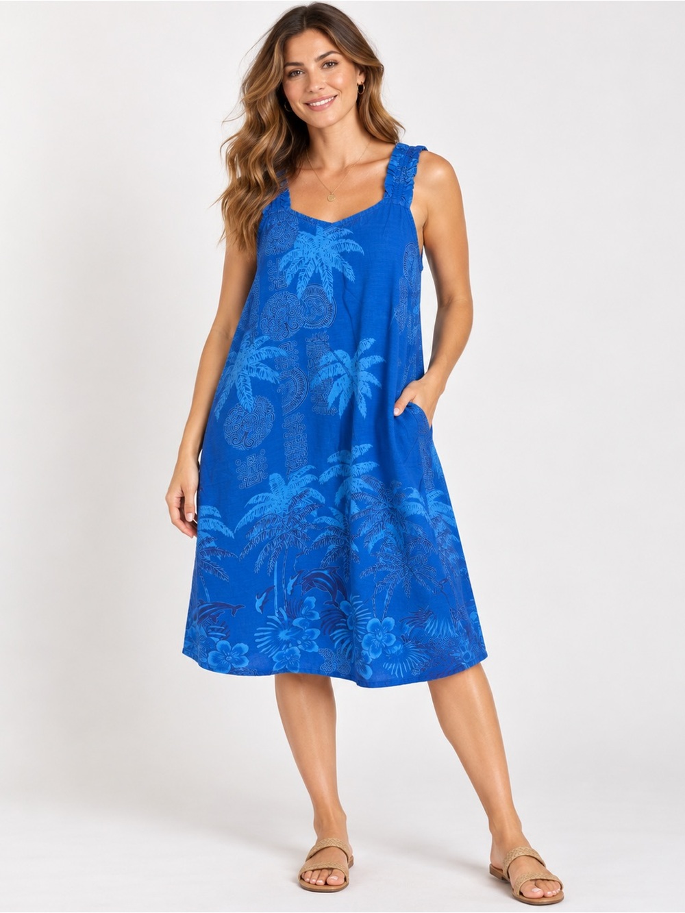 Blue Palm-Print Sleeveless Women’s Top dress  xxl